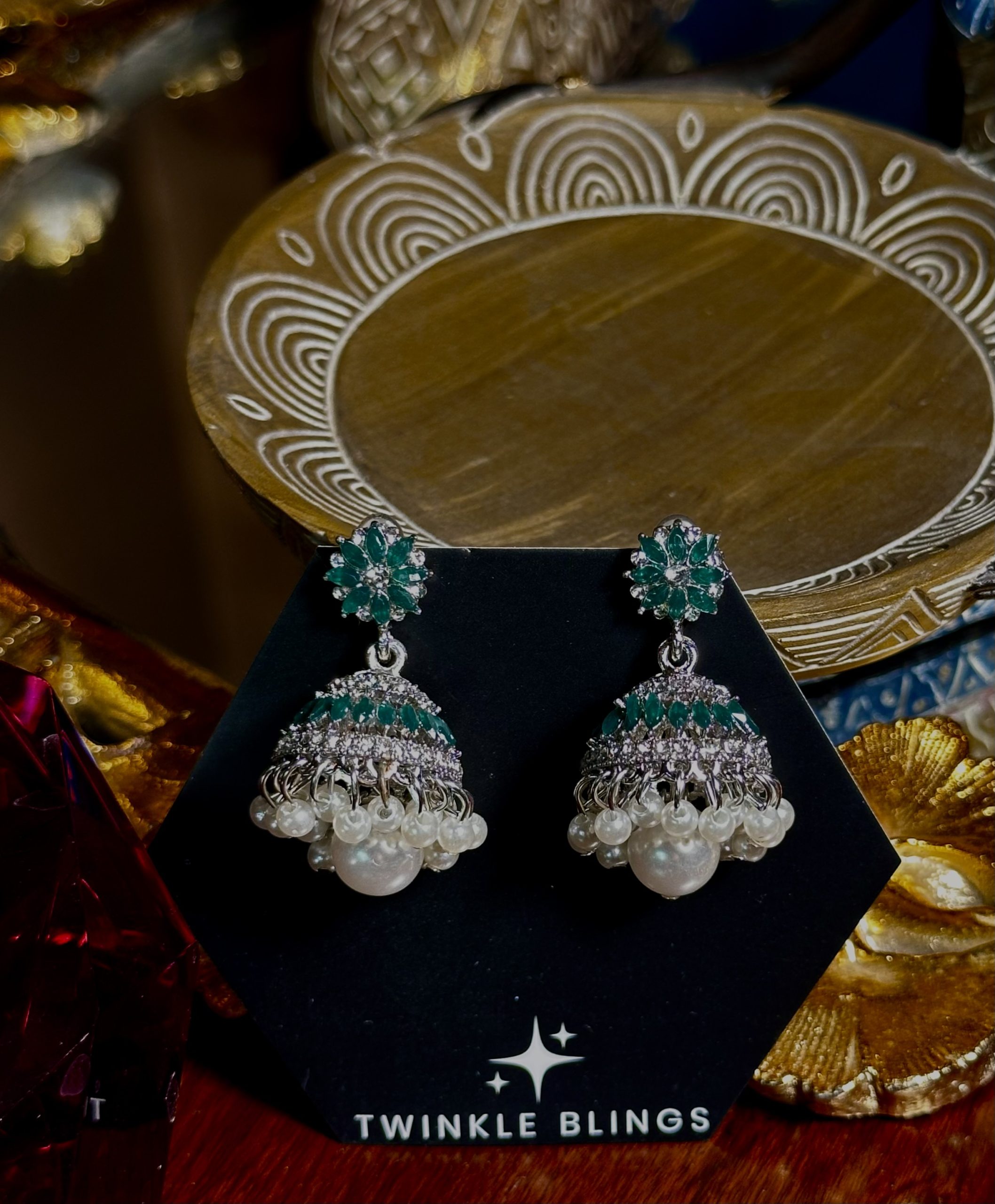 Emerald Green Crystal Flower Jhumka - Image 2