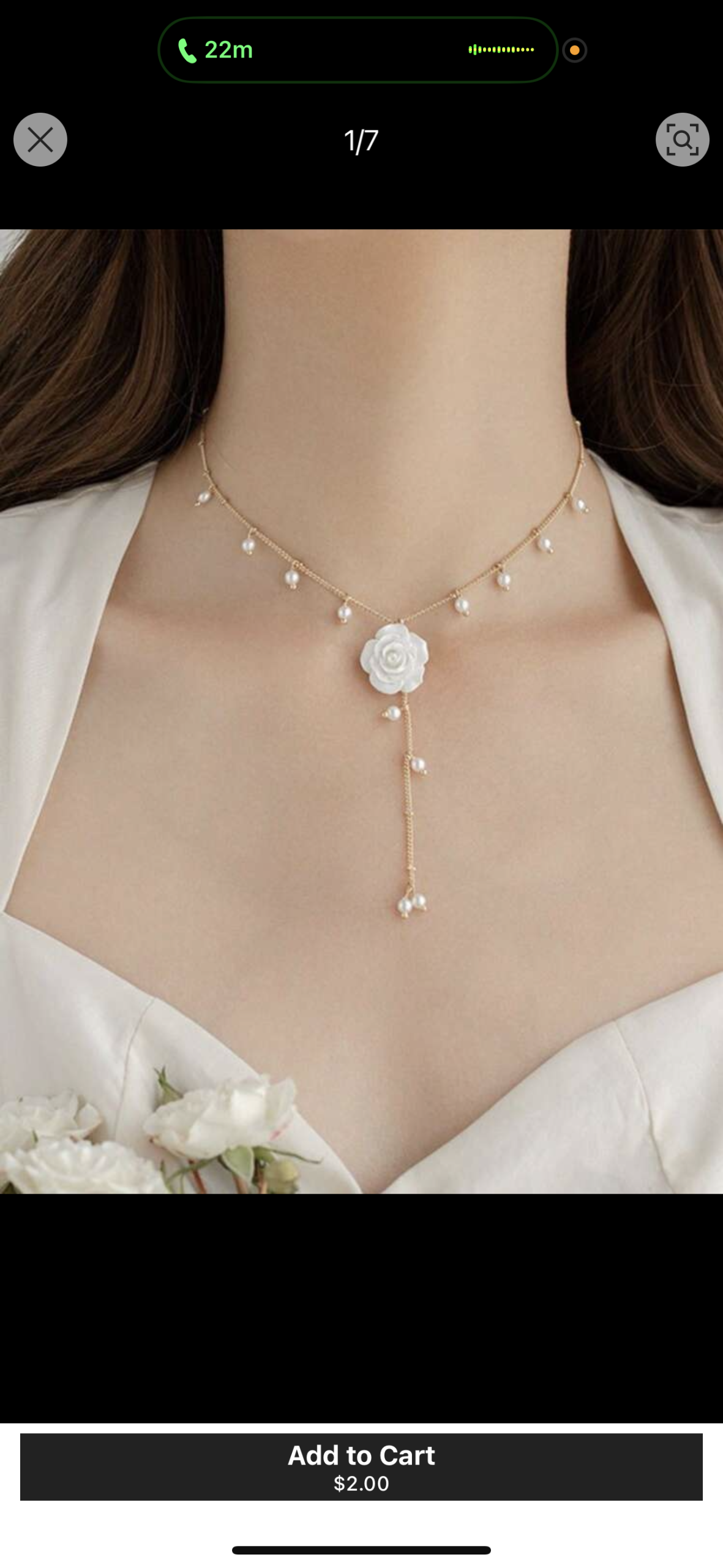 White Faux Pearl Rose Chain Necklace - Image 2