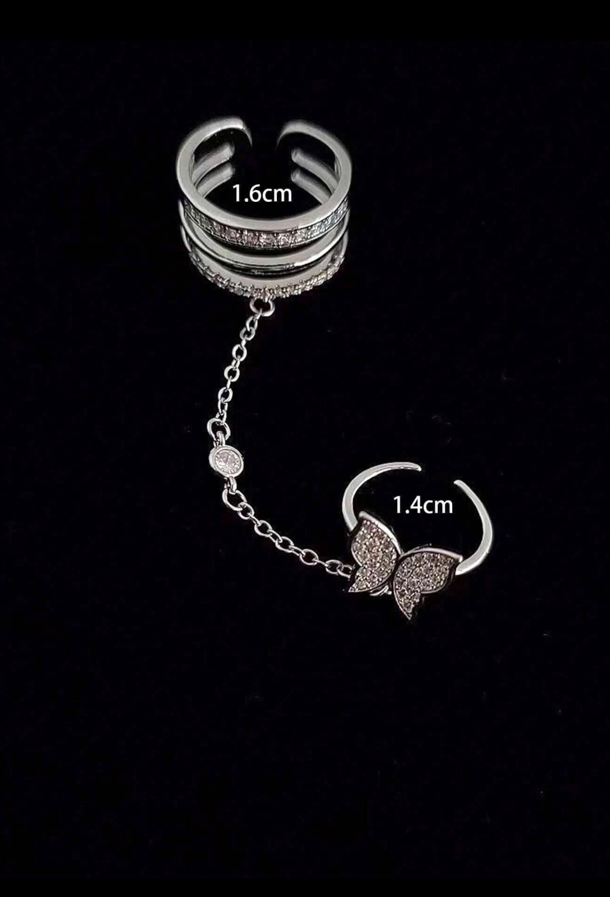 Rhinestone Butterfly Decor Multi Finger Chain Ring (Silver) - Image 3